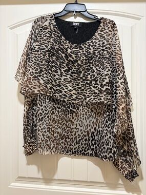 DKNY Brown and Black Leopard-Print Layered Blouse